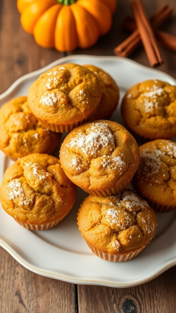 Keto Pumpkin Spice Muffins Recipe Keto pumpkin spice muffins on a plate with powdered erythritol, surrounded by a small pumpkin and cinnamon sticks.
